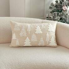 1pc Christmas Beige Color Christmas Tree Embroidered Cushion Cover, For Indoor Decoration, Christmas Decorative Pillow Cover (Without Insert)