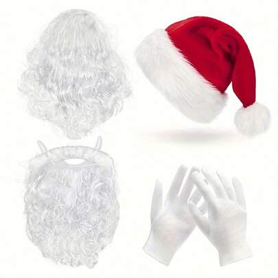 Festive Christmas Santa Costume Set: Includes Wig, Beard, Santa Hat, And Gloves - Perfect For Cute Holiday Fun!