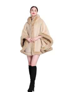1pc Women's Hooded Multi-Color Faux Rabbit Fur Faux Fur Trim Thick Warm Windproof Fashion Poncho Shawl, Suitable For Daily Wear, Parties, Holidays, Travel
