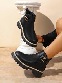 Fall/Winter Women's Fashionable Y2K Side Zipper Holiday Casual Vacation Buckle Ankle Boots - Black - View 3