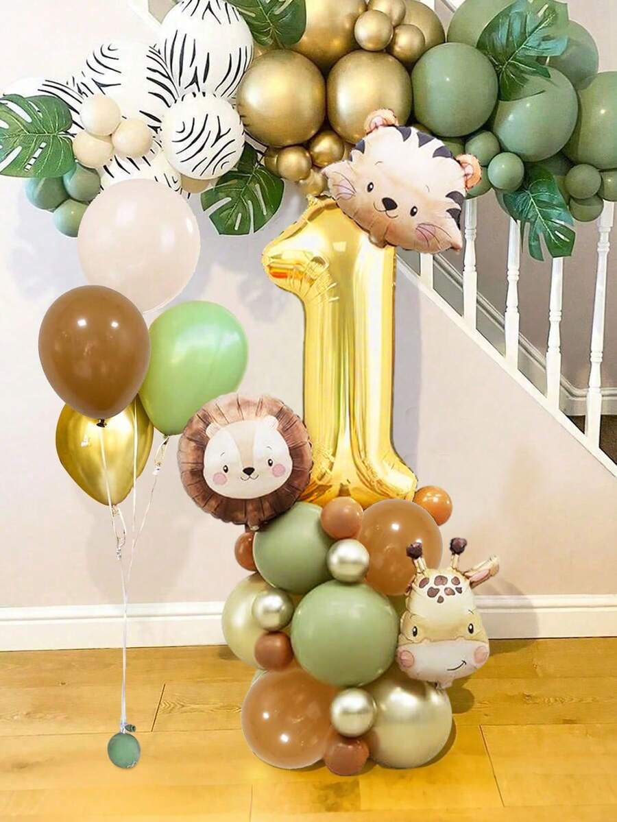 29pcs/Set Jungle Wild Animal Birthday Party Decorations, Cute Wild Animal Birthday Balloon Set, Includes Lion, Giraffe, Tiger Foil Balloons, Vintage Green & Brown Latex Balloons, 32inch Gold Number 1-9 Balloons, Suitable For Birthday Party Decor, 1st Birthday, Christening, Jungle Party, Ceremony, Baby Shower, Carnival Birthday, Wild Forest Zoo Theme Party Decorations, Home Decor Balloons, 1-9 Years Old Birthday Decor - Multicolor - View 1