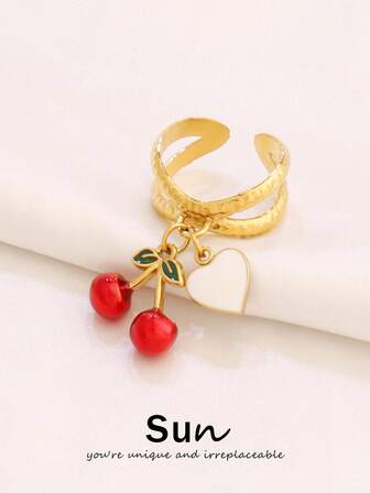 1pc Stainless Steel Cute Cherry Gold Color Pendant Ring For Women Enamel Heart Charms Open Rings Girl Waterproof Jewelry
