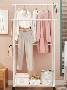 1pc Large Capacity Approx. 130cm Tall Ins Girly Luxurious Black (White) Metal Double Rail Floor Clothes Rack With Flexible Swivel Casters & (Single) Dual-Layer Hanging Rod + Bottom Storage Shelf, Convenient To Move And Sturdy Support, Top Layer Can Easily Hang Silk Robes, Lace Loungewear And More, Bottom Storage Shelf Can Neatly Store Fabric Storage Boxes, Elegant Gift Boxes, And Place Scented Candles, Plush Slippers Etc. - Multicolor - View 10