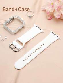 Compatible With Apple Watch Band And Compatible With Apple Watch Case Cover, Soft & Comfortable Ultra-Thin White Silicone Compatible With Apple Watch Band, Suitable For Outdoor Sports, Fitness, Yoga, Waterproof & Sweat-Proof Compatible With Apple Watch Ultra 3/2/1 SE /S10/S11/S9/S8/S7/S6/S5/S4/S3/S2/S1, Comes With Shiny Double-Row Rhinestone Electroplated Silver Protective Case Cover