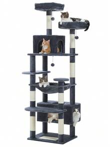 PAWZ Road 184 Cm Large Cat Tree, Cat Tower For Large Cats, Cat House With Sisal-Wrapped Scratching Posts And Padding, 2 Padded Resting Areas, Double House And Basket For Indoor Cats, Deep Grey - Màu xám đen - Xem 9