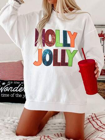 Holly Jolly Sequin Patch Sweatshirt,Christmas Party Top