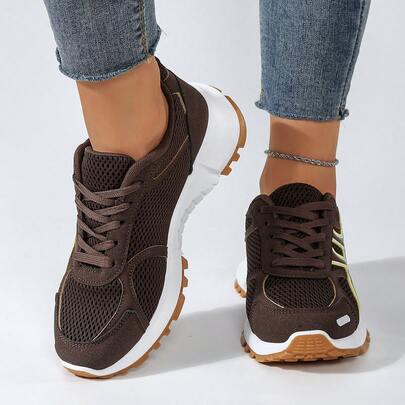 أحذية رياضية كاجوال للنساء للاستخدام الخارجي، بنمط هندسي، من جلد اصطناعي، نوع ربطة، بألواح شبكية، مناسبة للجيم والاستخدام على مدار السنة