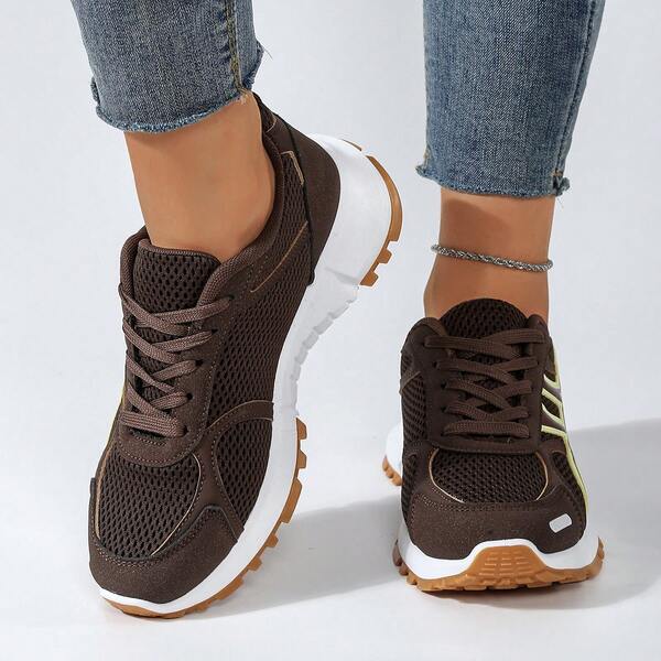 Tênis Casuais Femininos para Esportes ao Ar Livre, Padrão Geométrico, Couro Sintético, Cadarço, Painéis de Tela, Adequado para Academia, Todas as Estações