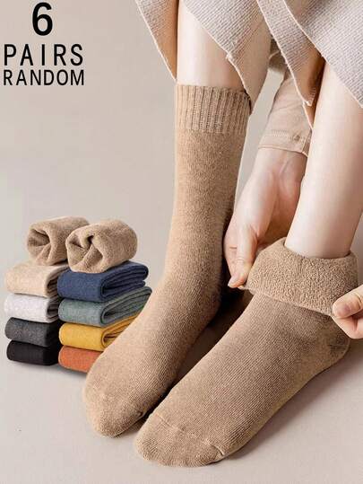 6 Pairs Women's Solid Color Thick Fleece Lined Warm Breathable Mid-Calf Socks