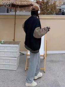 [Y6Y] Women's Classic Fashion Long Sleeve Round Neck Baseball Jacket, Collegiate Style Everyday Wear Bomber Jacket - Black - View 2