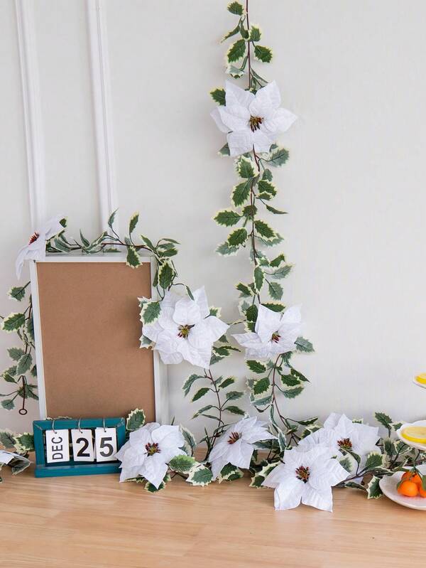 1 guirlanda de Natal de 162 cm, guirlanda artificial de folhas de azevinho com flores de Natal de poinsétia brilhantes, adequada para mesas de jantar de Natal, lareiras, casamentos, paredes, decoração de varanda, guirlandas faça você mesmo, decoração de casa de Natal, decoração de Natal interna e externa, fácil de pendurar, sem necessidade de manutenção