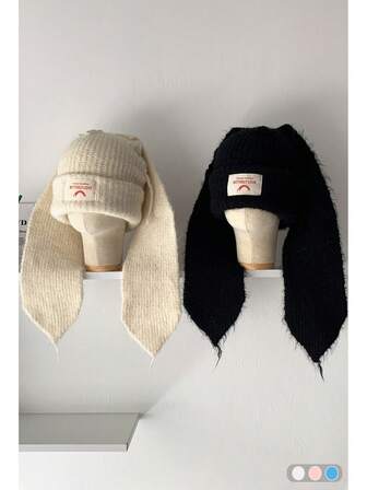 Gorro de punto con orejas de conejo largas y lindas, versátil y cálido para otoño/invierno, adecuado para estudiantes y parejas, gorro de punto con orejas de conejo rosa, gorro de punto con protección de oídos cálida con parche de letra para mujeres en otoño/invierno