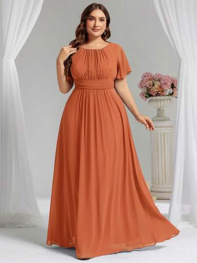 EVERPRETTY Elegante vestido de dama de honor naranja de gasa con cuello redondo y mangas con volantes para talla grande, vestido de invitada de boda primaveral para fiesta