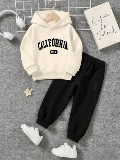 2pcs/Set Tween Boy Casual Letter Print FleecePullover Sweatshirte Sweatshirt And Pants Set