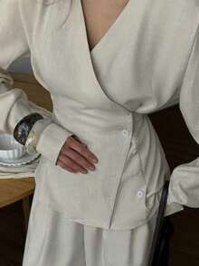 女士两件套系带长袖上衣搭配高腰休闲裤套装，通勤装春季款 - 灰色 - 查看 3