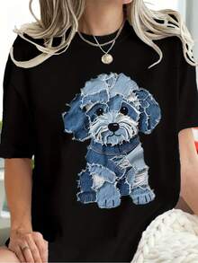 Women's Distressed Denim Patchwork Animal Puppy Print Shirt