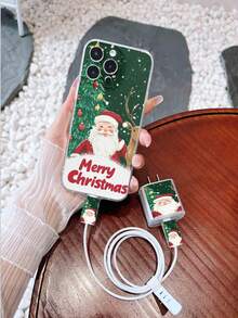 5pcs Transparent TPU Snowflake, Santa Claus, Reindeer Pattern Charger Cable Protector Case + Matching Phone Case, Compatible With 20W Fast Charger Compatible With Apple, 25W For Samsung, 120W For Xiaomi