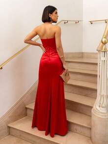 LONG WEDDING PARTY DRESS FOR BRIDESMAID FASHIONISTA STRAP-OFF WITH SLIT - RED - View 2