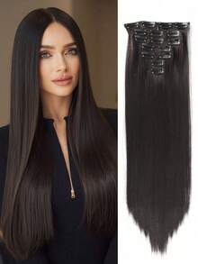 7pcs/Set Natural Black Clip-In Hair Extensions For Women, 18-32 Inches, Straight Synthetic Hair, Natural Soft Invisible Clip-On Thick Extensions, Suitable For Daily Wear - Multicolor - View 14