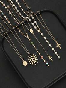 Set de 6 collares con colgantes de metal vintage en forma de cruz, retrato y sol; Set de collares con colgantes de cristal de colores estilo bohemio, adecuado para uso diario, vacaciones, fiestas, citas de mujeres, regalo de vacaciones para amigos - Amarillo Oro - Ver 4