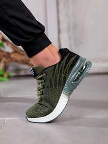 1 Pair Men's Gradient Color Knit Lace-Up Cushioned Sneakers, Comfortable Breathable Shock-Absorbing Outdoor Running Shoes Suitable For Outdoor Sports, Jogging, Fitness And Walking - Army Green - View 5