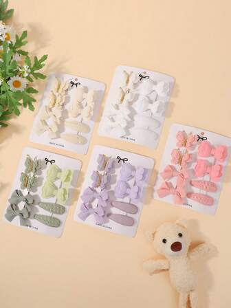 8 件套柔和色彩可爱女孩布艺蝴蝶结发夹，简约侧夹惊喜发饰套装
