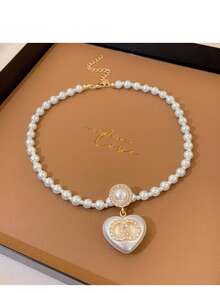 1 pieza Pendiente y collar de mujer con perla en forma de corazón - Combinación de joyas única y temperamental