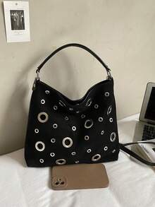 Borsa a secchiello leggera, casual business, monoblocco, stile retrò punk, con borchie in metallo, adatta per l'autunno e l'inverno. Alla moda e versatile per gli spostamenti, può essere indossata come borsa a spalla, a tracolla o a mano. Adatta per giovani donne, studentesse universitarie, nuove arrivate e professioniste. Perfetta per ufficio, università, lavoro, business, pendolarismo, attività all'aperto, viaggi e uscite.