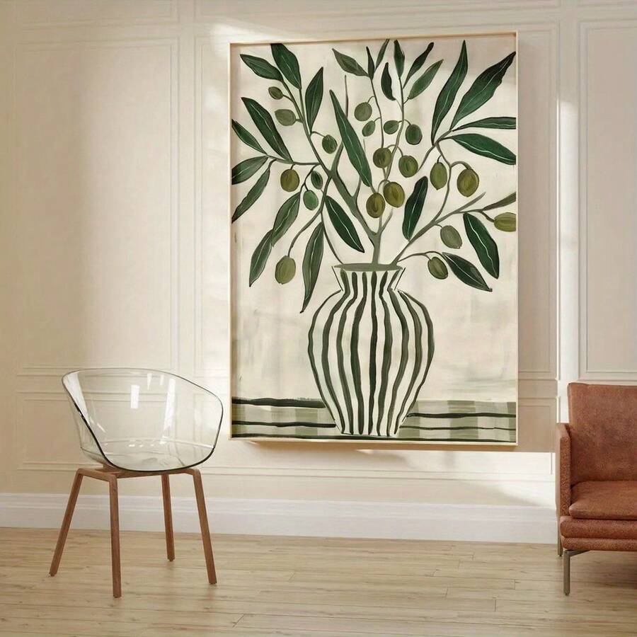 1 pieza Arte de pared botánico escandinavo - Impresión en lienzo de naturaleza muerta abstracta verde oliva, sin marco, decoración moderna para el hogar para sala de estar y dormitorio, regalo de inauguración de casa para amigos, diseño minimalista y estético, decoración botánica, obra de arte para dormitorio, obra de arte abstracta, fondo texturizado, impresión de alta calidad, diseño de interiores