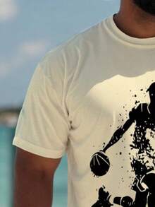 篮球图案印花加大码男士短袖短裤套装，时尚黑白抽绳短裤套装，夏季运动休闲装，100% 涤纶短裤和T恤两件套 - 彩色 - 查看 5