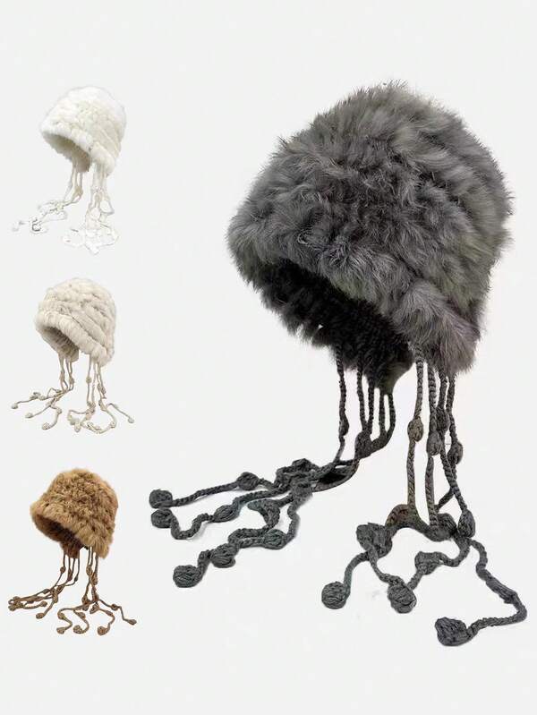 1pc Solid Color Animal Ear Faux Fur Pom Pom Knitted Beanie, Warm & Fashionable For Autumn/Winter Outdoor Activities, Travel, Hiking