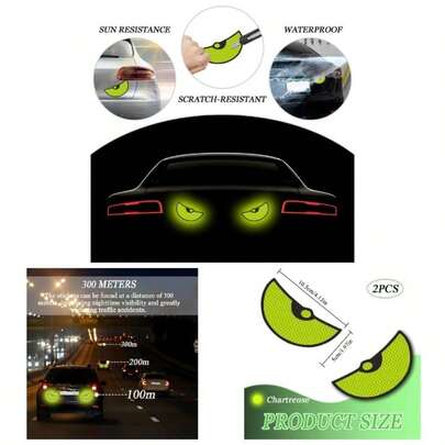 2PCS Eyes Car Stickers Waterproof Motorcycle Helmet Decals, Wear Resistance Green Night Safety Driving Caution Decal Reflective Stickers Car Decoration Bumpers, Window, Laptop Eyes
