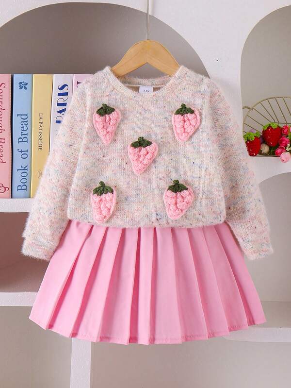 2pcs Girls Cute Strawberry Print Sweatshirt And Pleated Skirt Set, Spring & Autumn