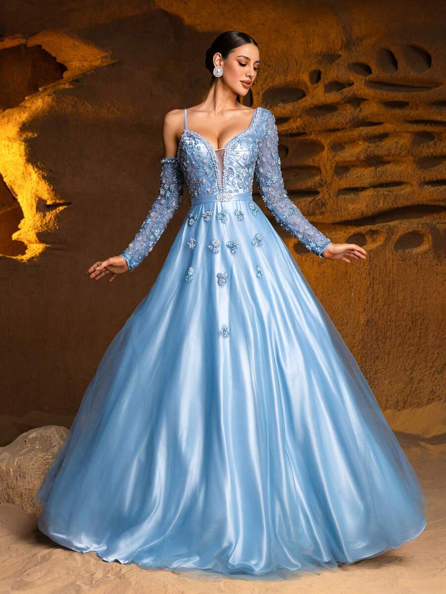 迷人的蓝宝石花卉串珠舞会礼服，搭配透明 V 领和水晶袖 - 华丽的红毯婚礼宾客礼服，手工刺绣薄纱晚会优雅盛装