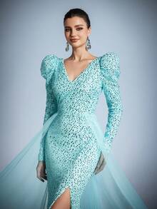Faeriesty Vestido elegante de manga larga con cuello en V para damas, diseño con abertura alta y cautivadora cola de pez | Perfecto para galas formales, alfombra roja, bodas de lujo, bailes benéficos, eventos corporativos de alta gama - Azul - Ver 8