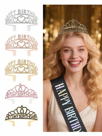 1/2 Stücke goldene Diamant-besetzte Krone Haarband für das Geburtstagskind, kombiniert mit stilvollem Buchstaben-Träger, Party-Accessoires für die Geburtstagsfeier