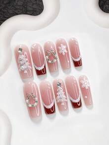10件套圣诞美甲套装，包括法式按压美甲贴、杏仁形美甲贴、方形美甲贴、鸭嘴美甲贴、手工圣诞树假指甲、3D花环美甲贴，含工具包，适合女性和女孩，可用于圣诞节、派对、秋冬季日常佩戴。 - 彩色 - 查看 15