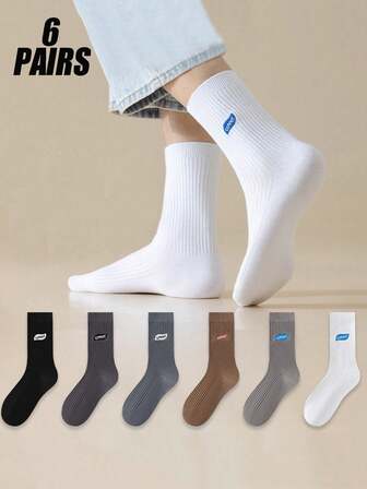 6 双时尚纯色字母印花高弹运动袜，防滑、吸湿排汗、防臭，男女通用，适合运动、户外、锻炼、跑步、四季