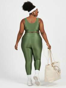 Plus Size Women's Ribbed Fitness Set Gym Top And Shiny Sports Leggings - 綠色 - 查看 4