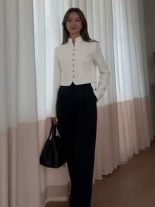 Áo kiểu nữ dáng crop top phong cách Trung Hoa mới, cổ đứng, cài nút, tay dài, màu trơn thanh lịch, dáng ôm, màu trắng - trắng - Xem 7