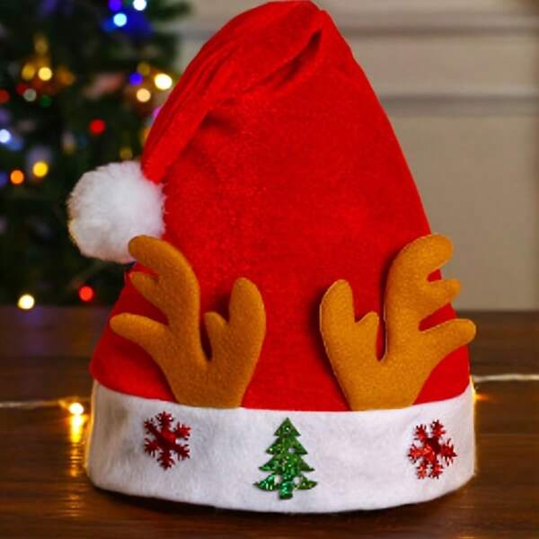 Red & White Non-Woven Fabric Christmas Hat With Reindeer Antlers And Ears, Washable Christmas Hat Suitable For Christmas Parties, Family Gatherings, Holiday Events - Unisex, Christmas Decoration