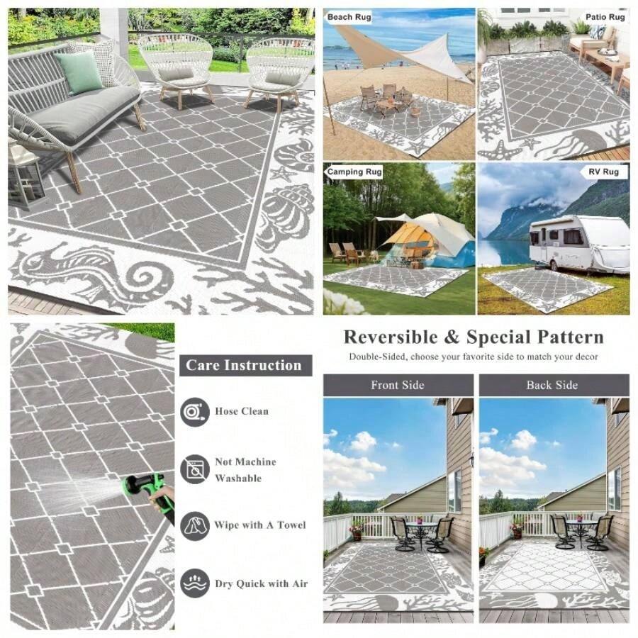 - Alfombra reversible, de plstico con pajita para exteriores, tapete de plstico resistente a la decoloracin, alfombra ligera de rea del ocano para patio, caravana, camping, playa, terraza, - 9' x 6' (Rectangular) + Gris - Ver 1