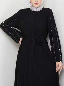 Elegant Black Long Sleeve Robe, Round Neck, Rhinestone & Pearl Decor, Zipper Waist Belt Cardigan, Women's Long Woven Fabric Jalabiya, Abaya