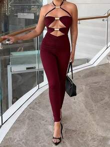 女士性感大胆前卫派对紧身镂空金属环提拉紧身连体裤 - 酒紅色 - 查看 4