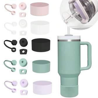 4pcs Water Bottle Accessories Set, Including 1 Straw Lid, 1 Square Anti-Spill Plug, 1 Round Anti-Leak Plug, 1 Silicone Boot, Fit For 40/30oz/Flat Bottom Cups