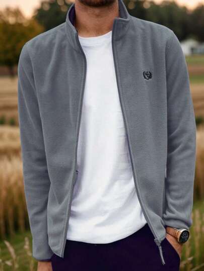 Men's Zipper Stand Collar Warm Fleece Jacket, Outdoor Sports Sweatshirt, Suitable For Workout, Gift,Winter,Skiing