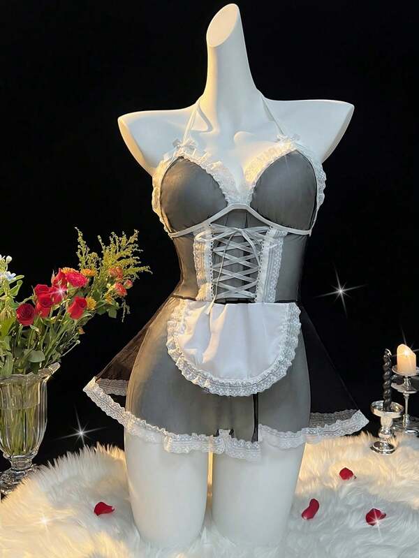 Bodysuit Sensual Feminino de Renda, Fantasia Sexy de Empregada Doméstica para Role Play, Molda a Figura Perfeitamente