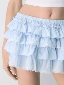 Women Lace Skater Skirts Low Rise Ruffle Frill Tiered Bloomer Mini Skort Cute Layered Flowy A Line Shorts Skirts - Blue - View 2