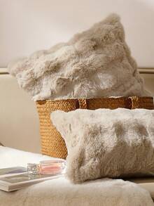 1pc Khaki Decorative Faux Rabbit Fur Cushion Cover Without Filler, Modern Flannelette  Fuzzy Plush Throw Pillow Cover Zipper Closure For Home, For Sofa, Living Room - Khaki - View 2