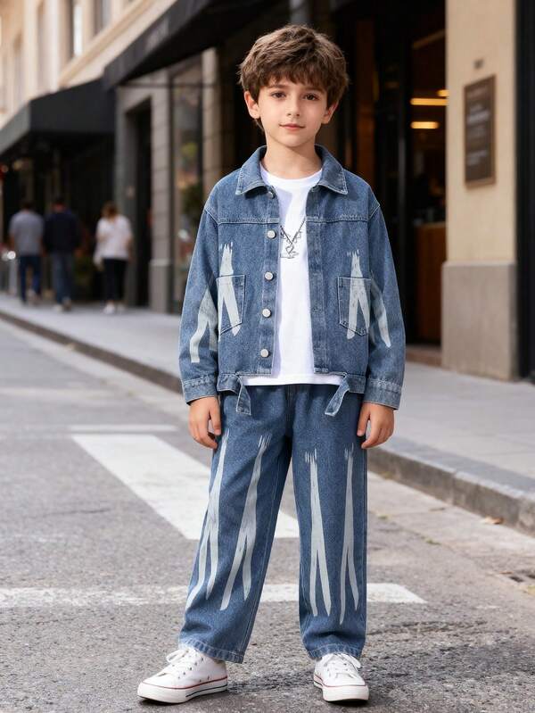 2pcs Boys' Denim Jacket And Pants Set, Spring/Autumn